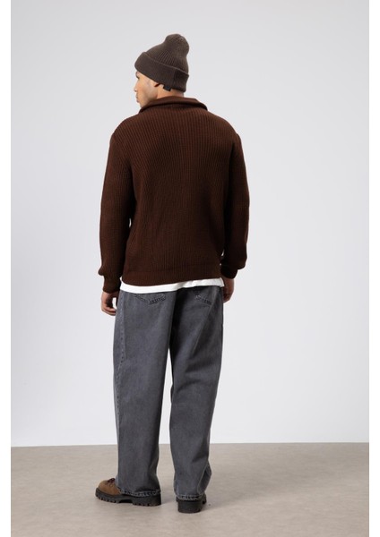 Oversize Fermuarlı Triko Hırka Kahve modelleri