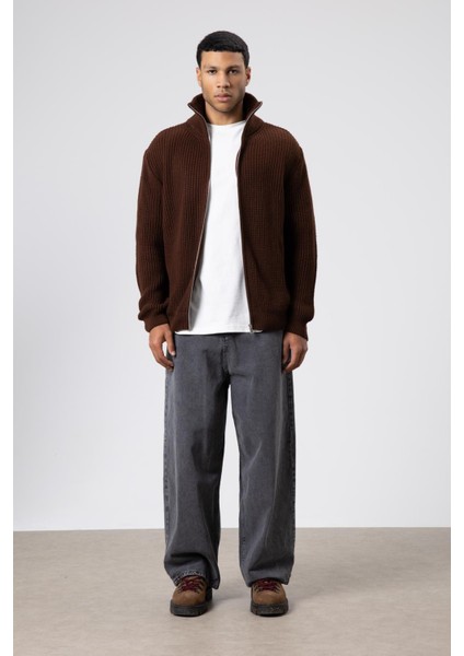 Oversize Fermuarlı Triko Hırka Kahve fırsatları