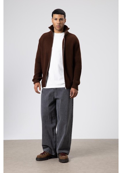 Oversize Fermuarlı Triko Hırka Kahve indirimleri