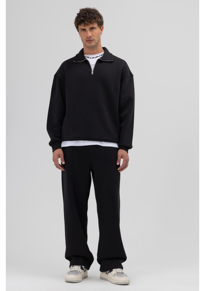 Oversize Fermuarlı Dik Yaka Sweatshirt Siyah