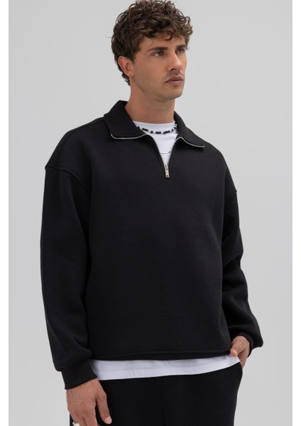 Oversize Fermuarlı Dik Yaka Sweatshirt Siyah fiyatları
