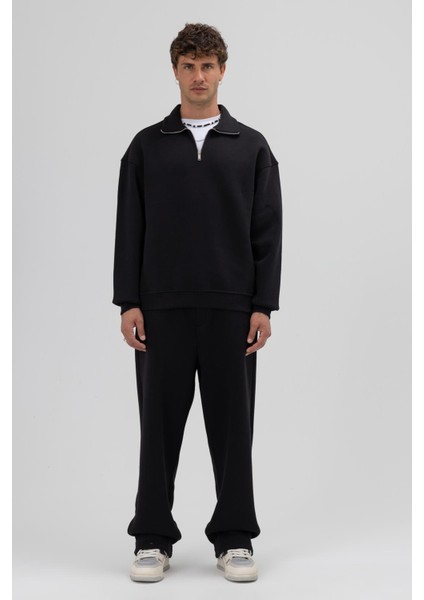 Oversize Fermuarlı Dik Yaka Sweatshirt Siyah modelleri