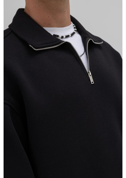 Oversize Fermuarlı Dik Yaka Sweatshirt Siyah