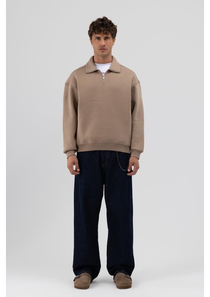 Oversize Fermuarlı Dik Yaka Sweatshirt Vizon fiyatları