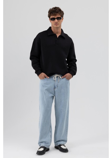 Basic Polo Yaka Sweatshirt Siyah