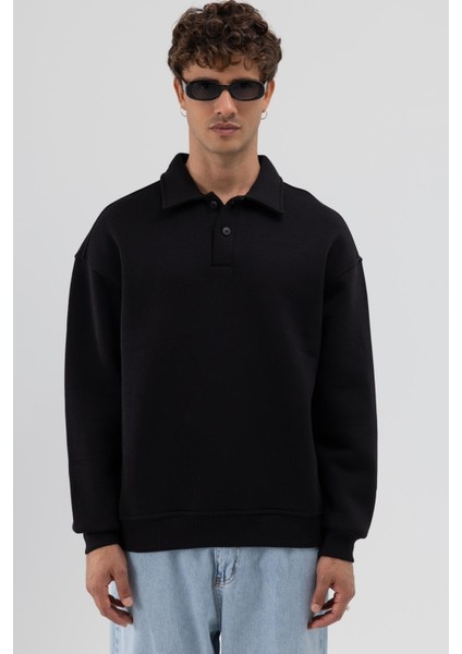 Basic Polo Yaka Sweatshirt Siyah modelleri