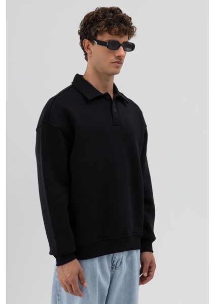 Basic Polo Yaka Sweatshirt Siyah fırsatları