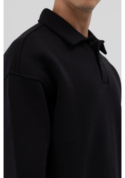 Basic Polo Yaka Sweatshirt Siyah