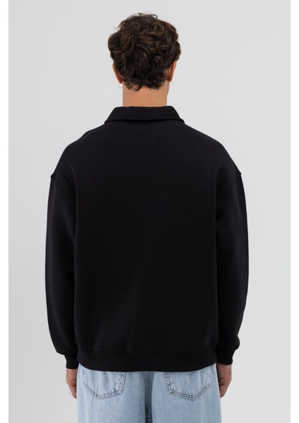 Basic Polo Yaka Sweatshirt Siyah