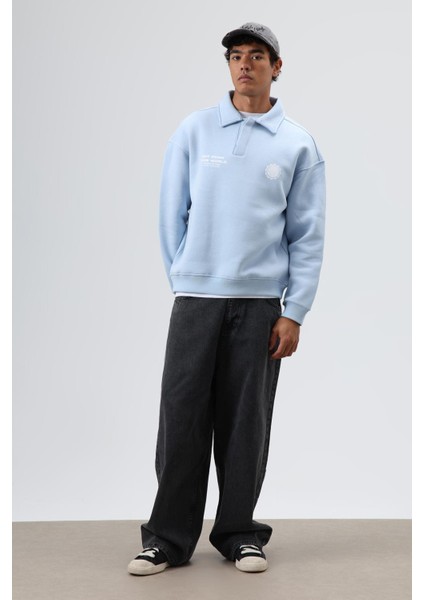 Polo Yaka Oversize Baskılı Yıkamalı Sweatshirt Bebe Mavi fiyatları