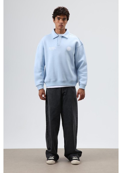 Polo Yaka Oversize Baskılı Yıkamalı Sweatshirt Bebe Mavi modelleri