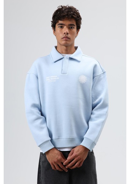 Polo Yaka Oversize Baskılı Yıkamalı Sweatshirt Bebe Mavi fırsatları