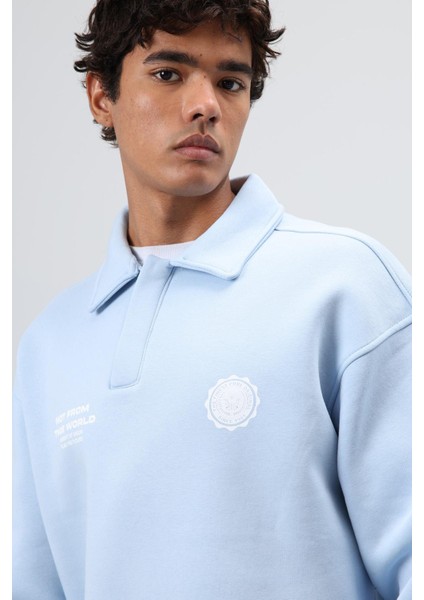 Polo Yaka Oversize Baskılı Yıkamalı Sweatshirt Bebe Mavi indirimleri