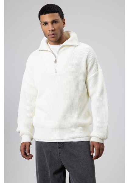 Yarım Fermuarlı Triko Kazak Ekru modelleri