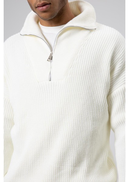 Yarım Fermuarlı Triko Kazak Ekru fırsatları