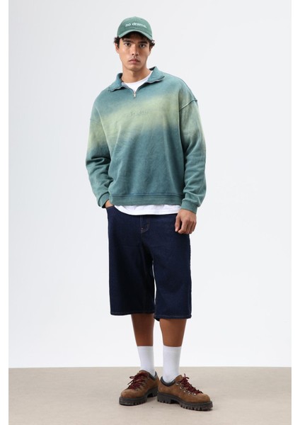 Yaka Fermuarlı Oversize Sweatshirt Nefti