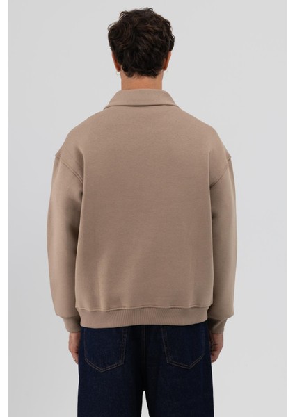 Oversize Fermuarlı Dik Yaka Sweatshirt Vizon