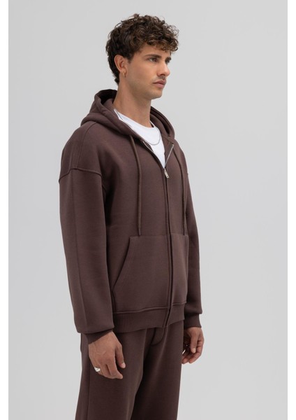 Basic Fermuarlı Oversize Kapüşonlu Sweatshirt Kahve modelleri