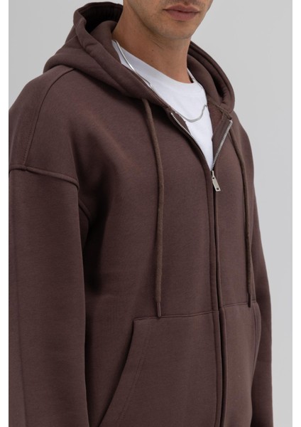 Basic Fermuarlı Oversize Kapüşonlu Sweatshirt Kahve fırsatları