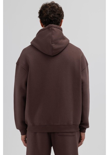 Basic Fermuarlı Oversize Kapüşonlu Sweatshirt Kahve indirimleri