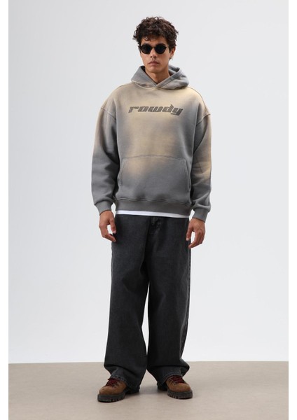 Oversize Baskılı Yıkamalı Hoodie Füme
