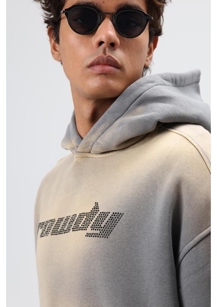 Oversize Baskılı Yıkamalı Hoodie Füme modelleri