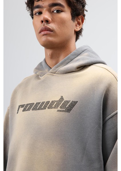 Oversize Baskılı Yıkamalı Hoodie Füme indirimleri