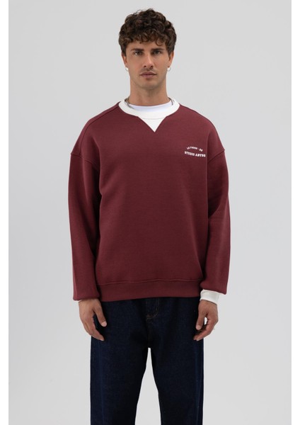 Oversize Bisiklet Yaka Baskılı Sweatshirt Bordo