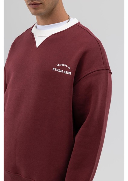 Oversize Bisiklet Yaka Baskılı Sweatshirt Bordo modelleri