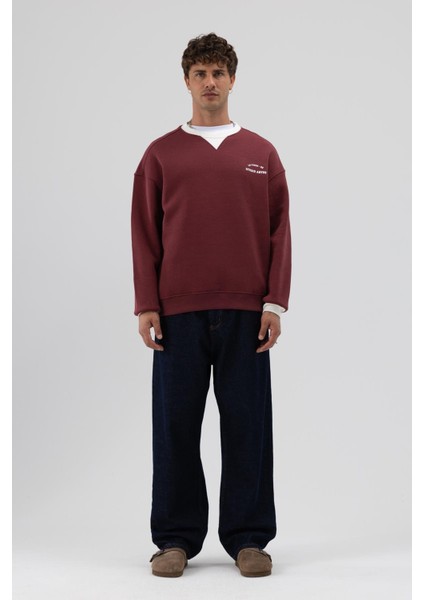 Oversize Bisiklet Yaka Baskılı Sweatshirt Bordo indirimleri