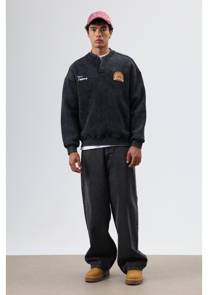 Oversize Bisiklet Yaka Baskılı Sweatshirt Siyah