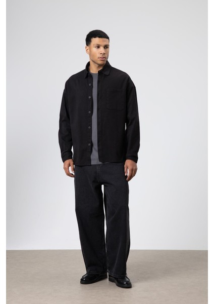 Oversize Gabardin Gömlek Ceket Siyah