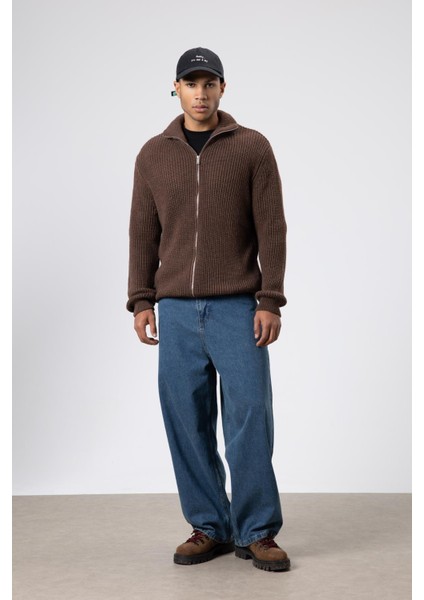 Oversize Fermuarlı Triko Hırka Vizon