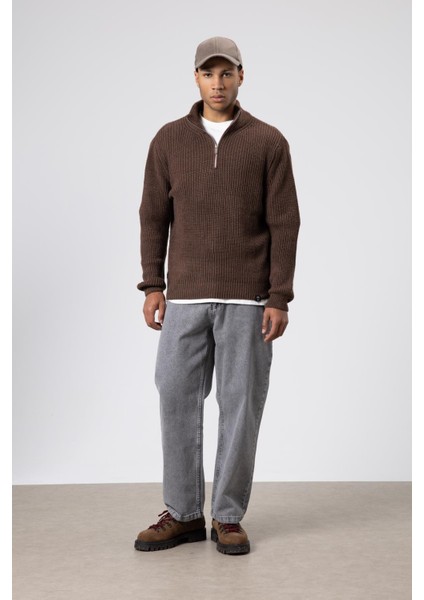 Fermuarlı Örme Triko Kazak Vizon