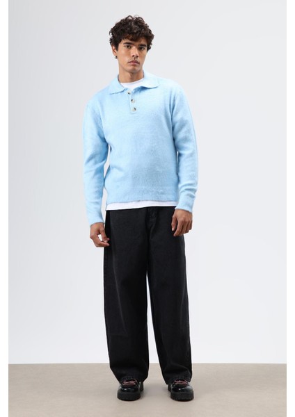 Polo Yaka Yumuşak Dokulu Triko Kazak Bebe Mavi