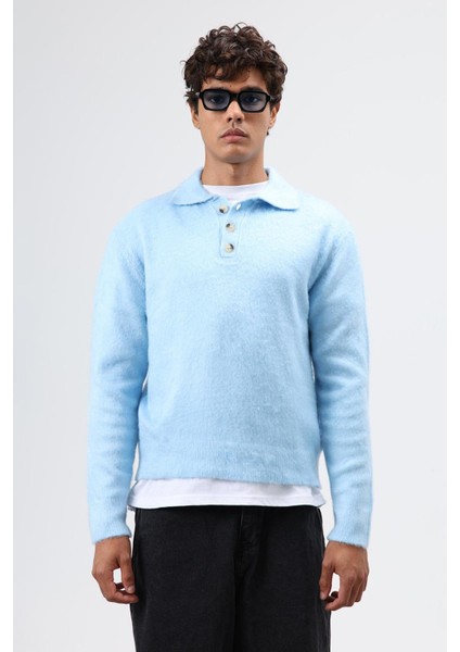 Polo Yaka Yumuşak Dokulu Triko Kazak Bebe Mavi fiyatları