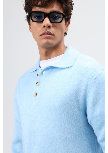 Polo Yaka Yumuşak Dokulu Triko Kazak Bebe Mavi modelleri