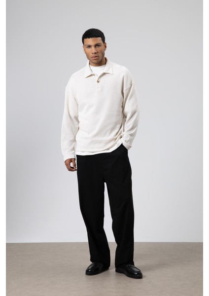 Oversize Polo Yaka Triko Kazak Ekru