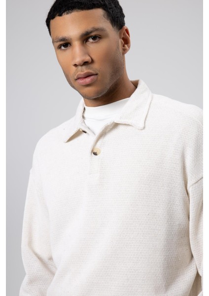 Oversize Polo Yaka Triko Kazak Ekru modelleri