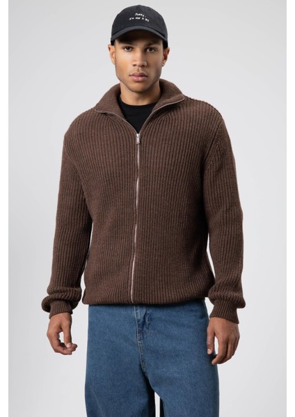 Oversize Fermuarlı Triko Hırka Vizon fiyatları