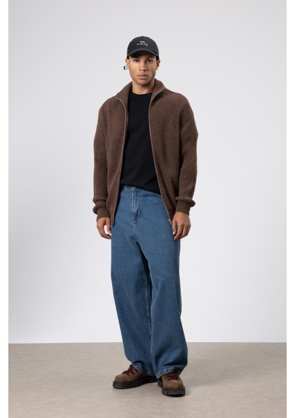 Oversize Fermuarlı Triko Hırka Vizon indirimleri