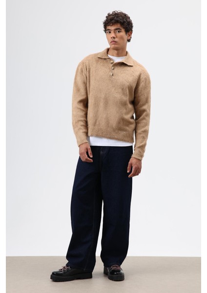 Polo Yaka Yumuşak Dokulu Triko Kazak Bej fiyatları