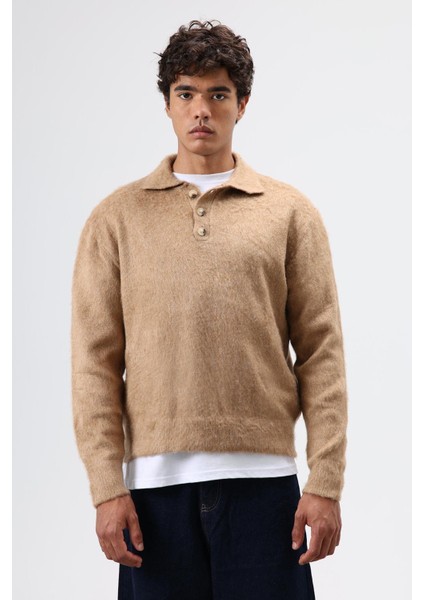 Polo Yaka Yumuşak Dokulu Triko Kazak Bej modelleri