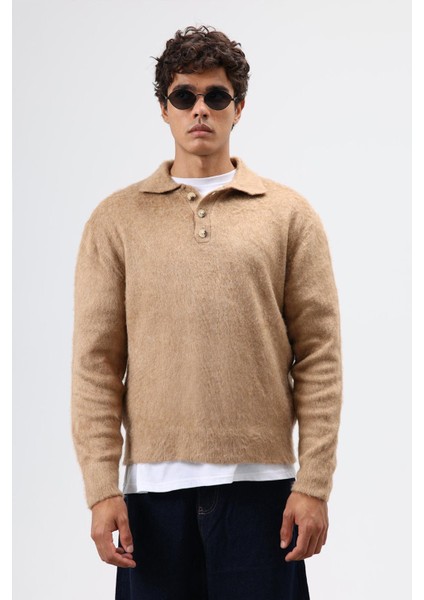 Polo Yaka Yumuşak Dokulu Triko Kazak Bej indirimleri