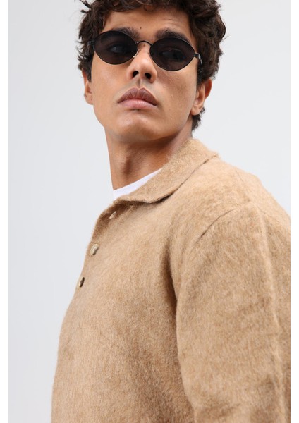 Polo Yaka Yumuşak Dokulu Triko Kazak Bej