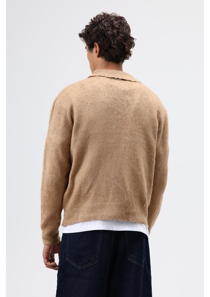 Polo Yaka Yumuşak Dokulu Triko Kazak Bej