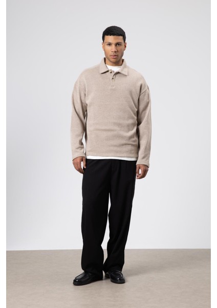 Oversize Polo Yaka Triko Kazak Vizon fiyatları