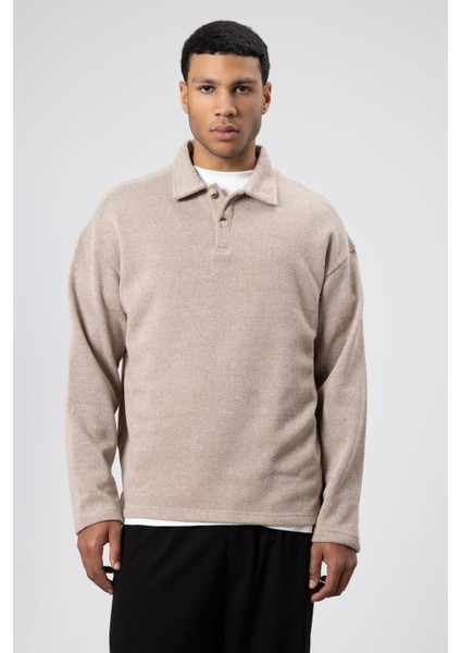 Oversize Polo Yaka Triko Kazak Vizon modelleri