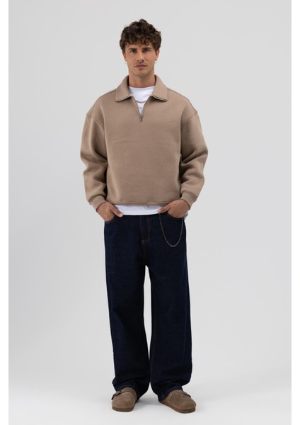Oversize Fermuarlı Dik Yaka Sweatshirt Vizon