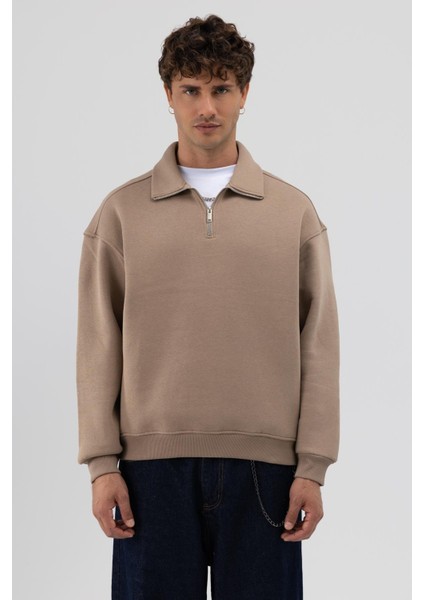 Oversize Fermuarlı Dik Yaka Sweatshirt Vizon modelleri